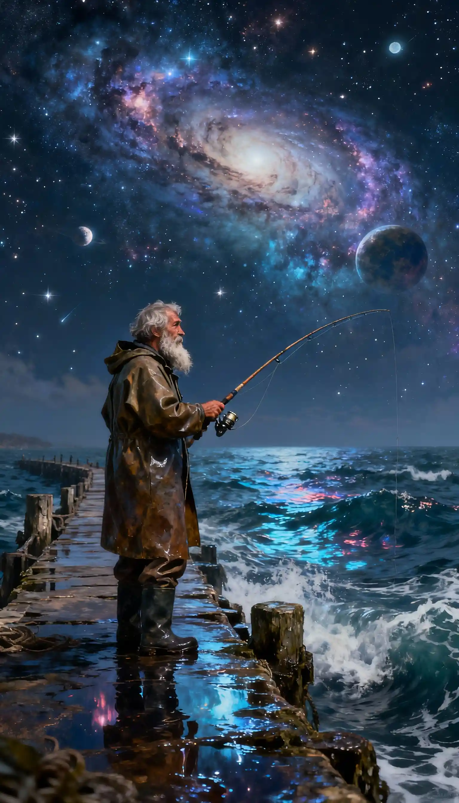 Old fisherman on a cosmic starlit sea at night