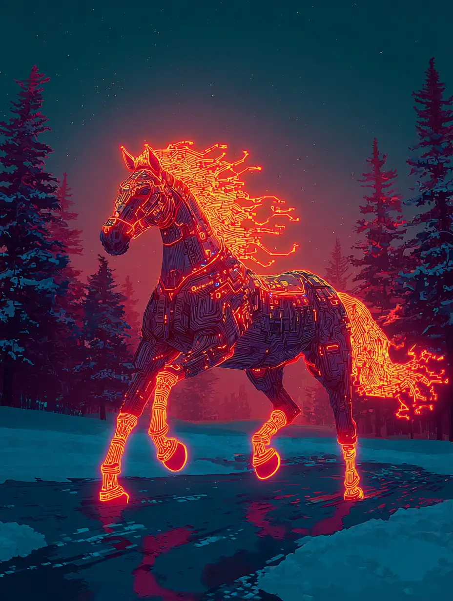 Fiery Neon Horse Galloping Through Snowy Russian Taiga