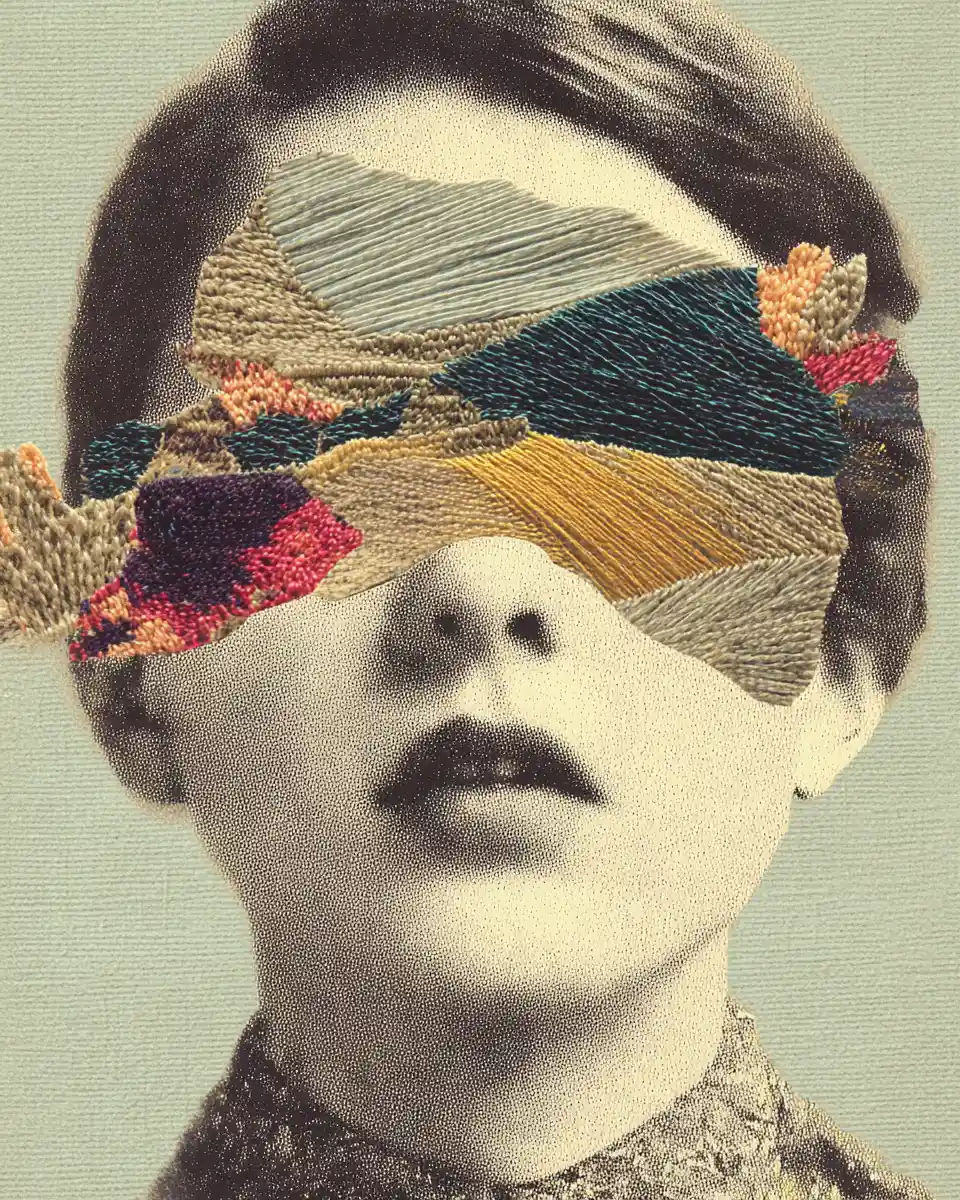 Surreal besticktes Gesichts­porträt mit weichem abstraktem Hintergrund