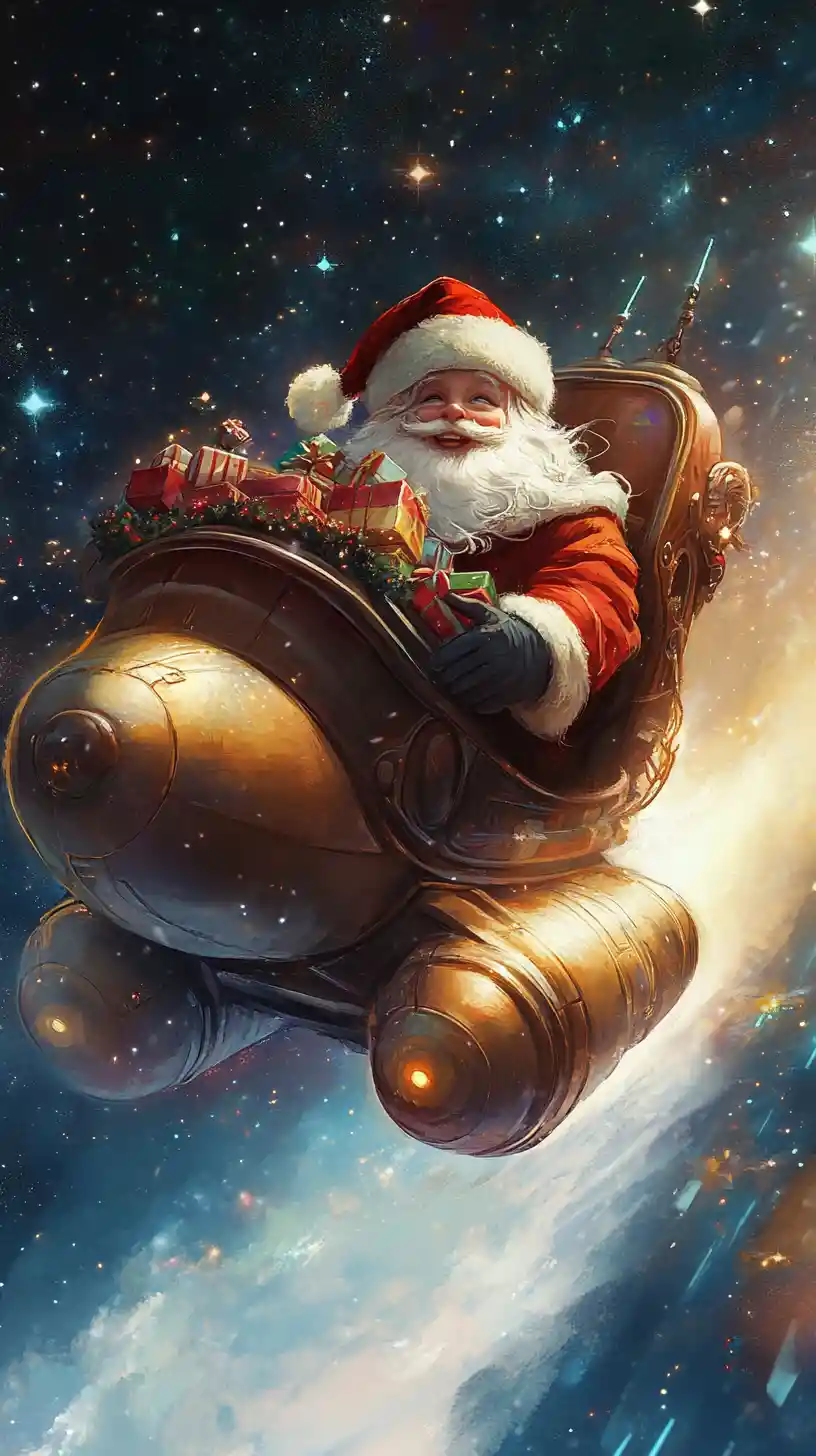 Alien Santa flying a sleigh spaceship through outer space
