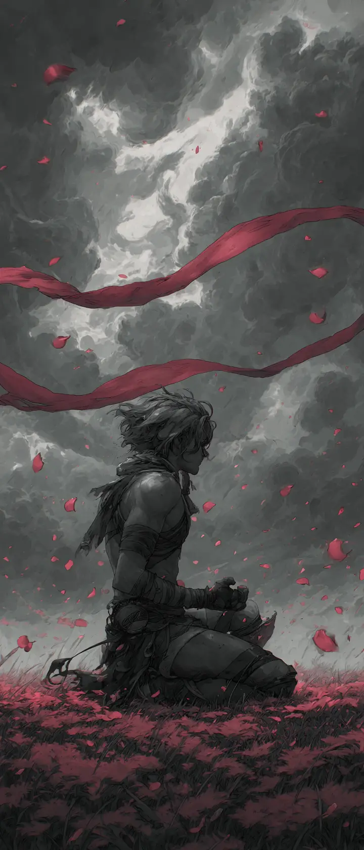 Young warrior kneeling in a rain soaked field of petals