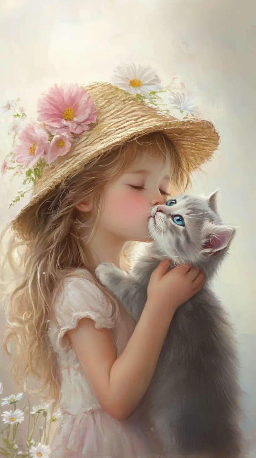 Girl kissing gray kitten in soft pastel painting