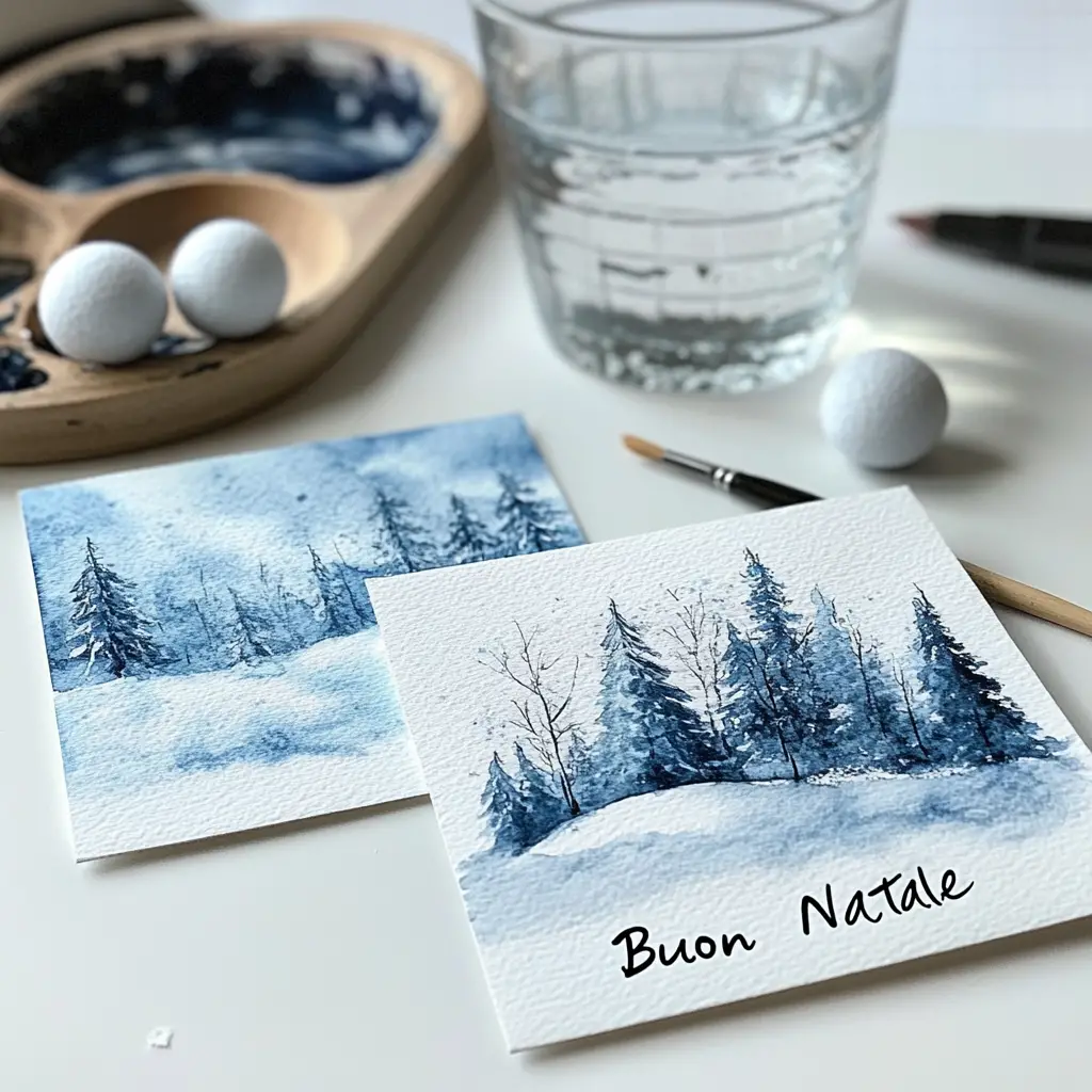 Watercolor Christmas Cards With Snowy Forest And Snowballs