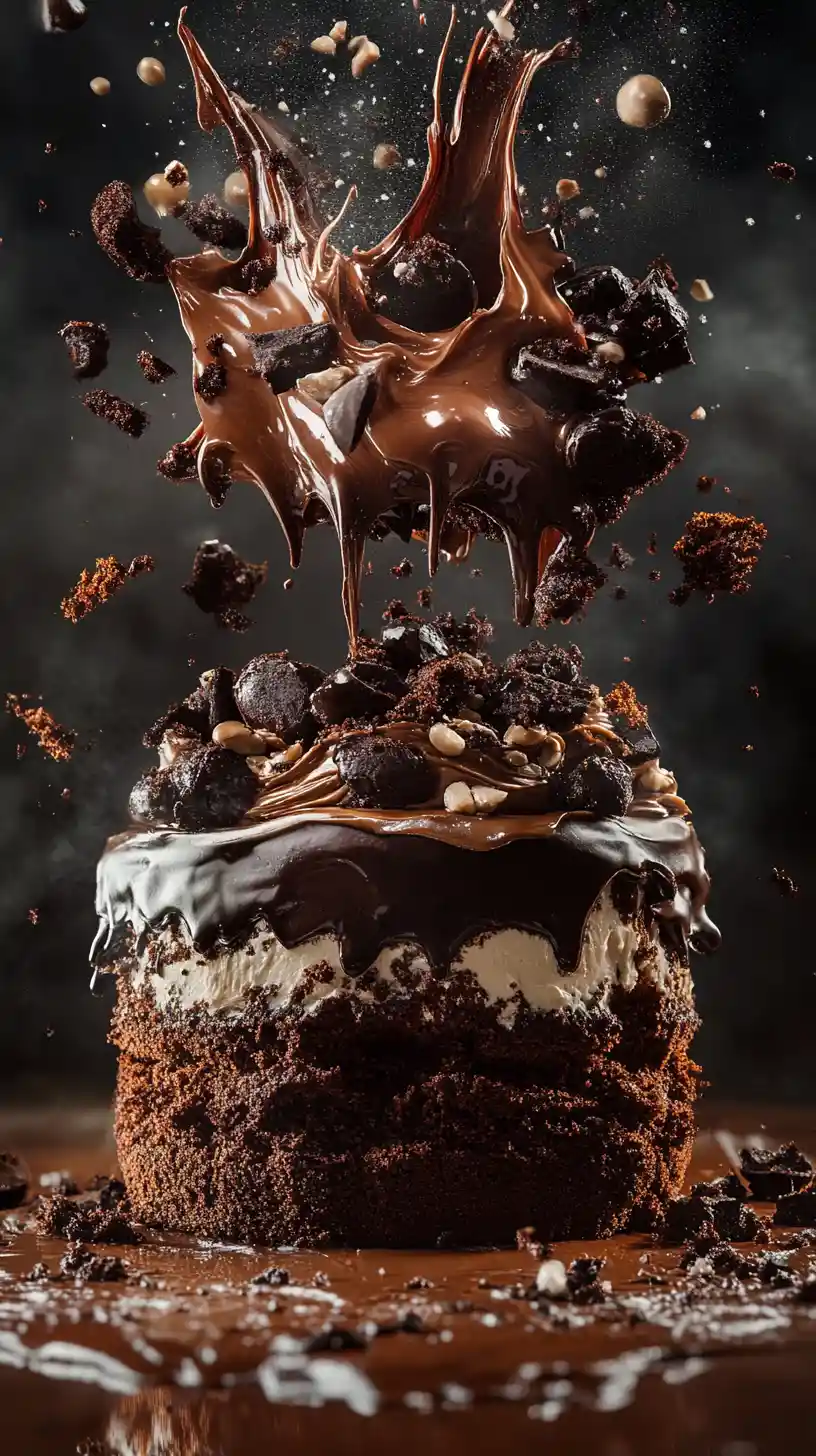 Exploding chocolate cake in dramatic anime style close up
