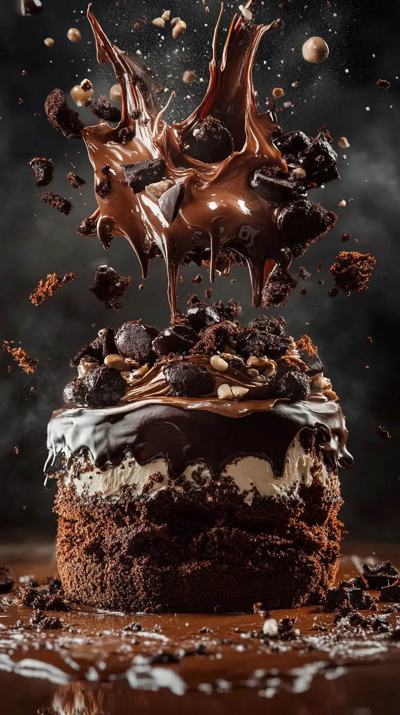 Exploding chocolate cake in dramatic anime style close up