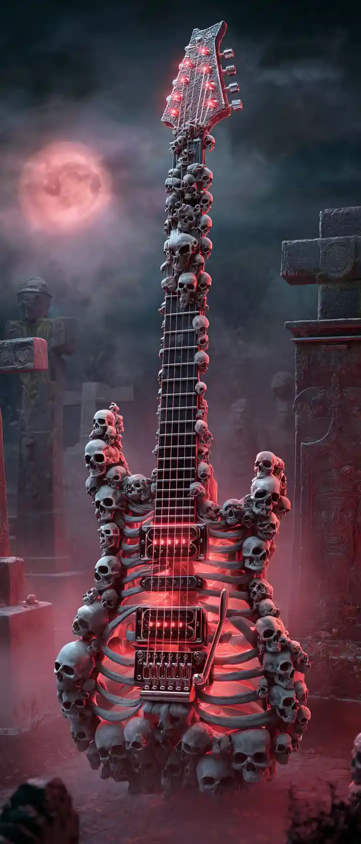 Guitare électrique en os surréaliste dans un cimetière gothique