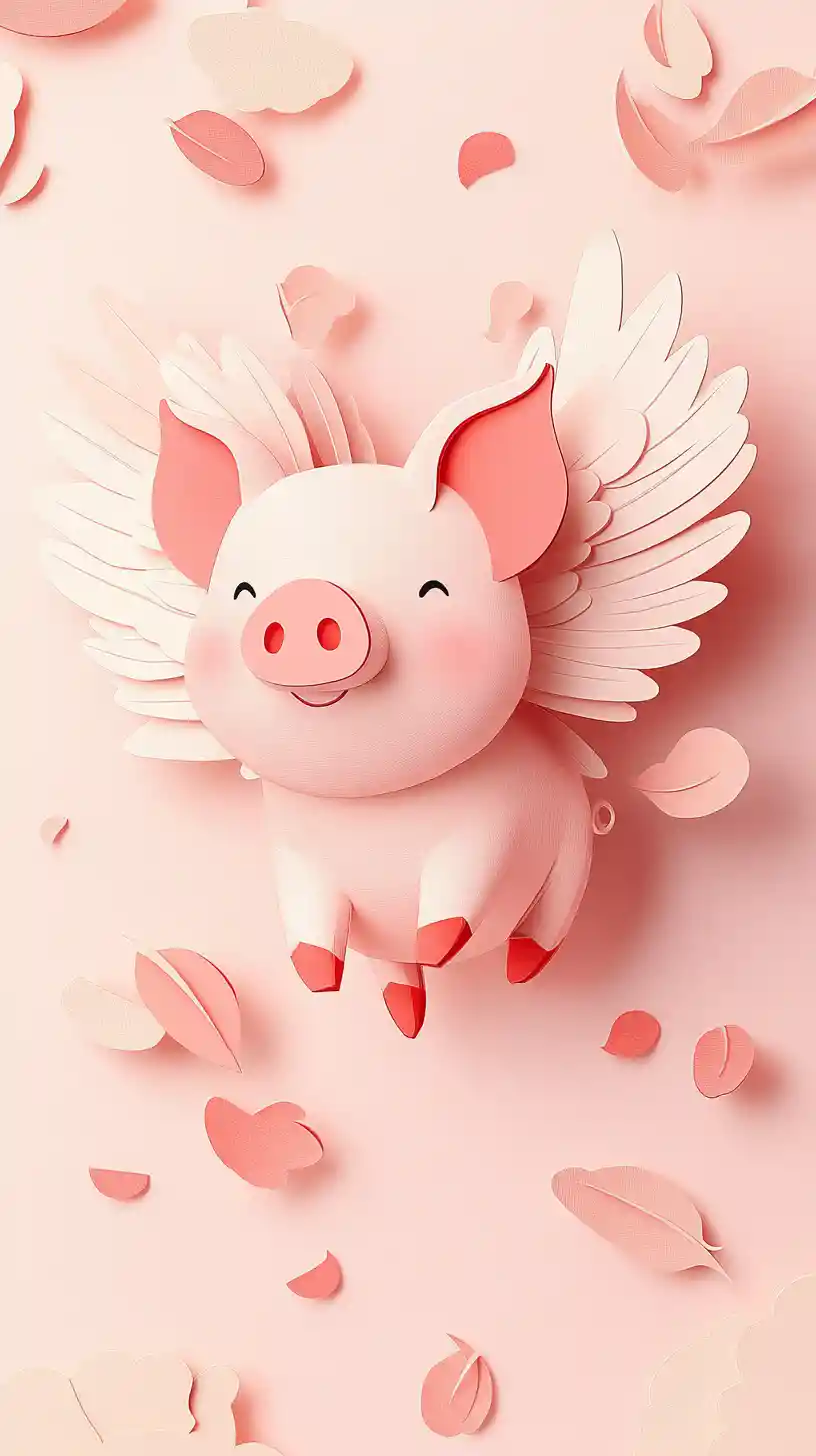 Joyful winged pig floating in soft pastel space