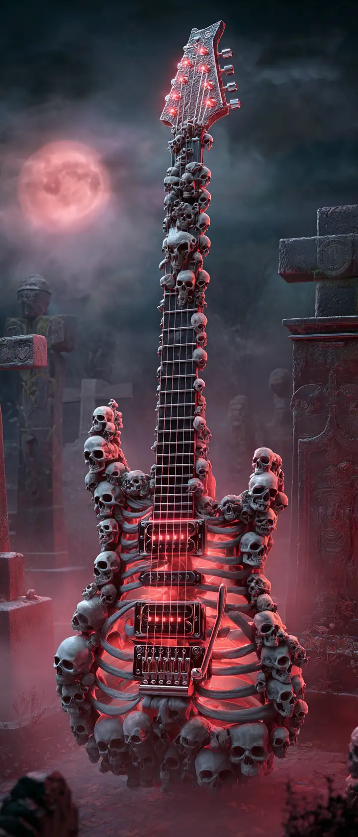 Surreal bone electric guitar in a gothic graveyard