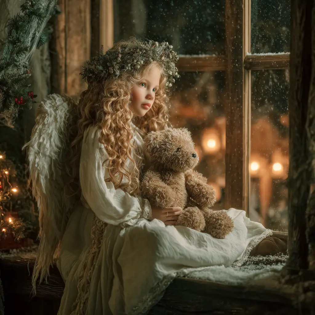 Christmas angel girl on windowsill with teddy bear