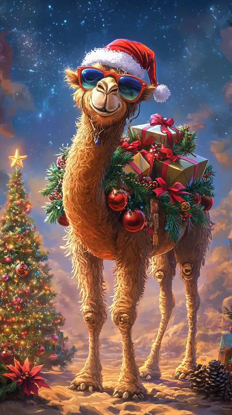 Whimsical Christmas Camel In Desert With Gifts