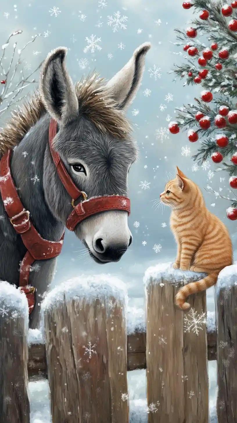 Donkey And Cat In A Cozy Snowy Winter Scene