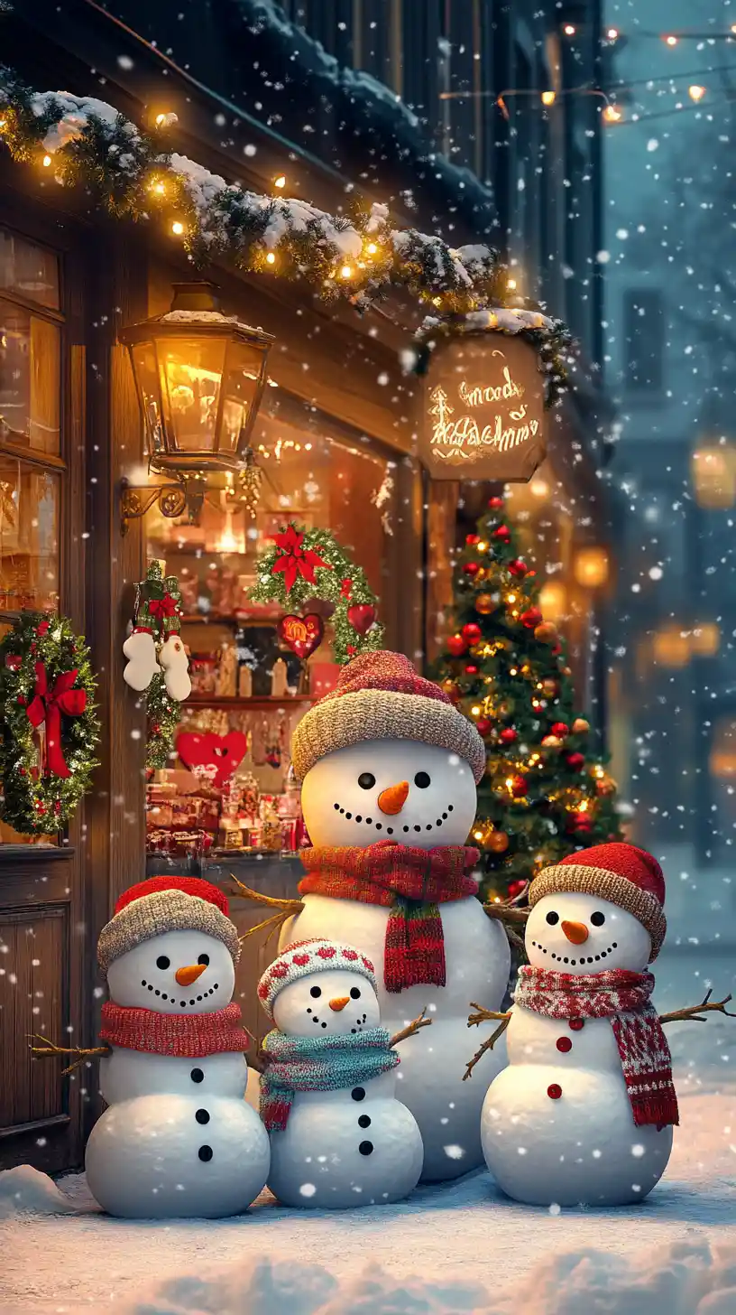Snowman Family On Cozy Christmas Street At Night