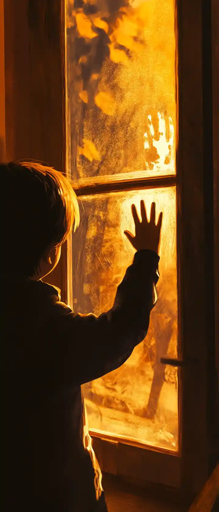 Girl Reaching For A Fading Handprint On A Window