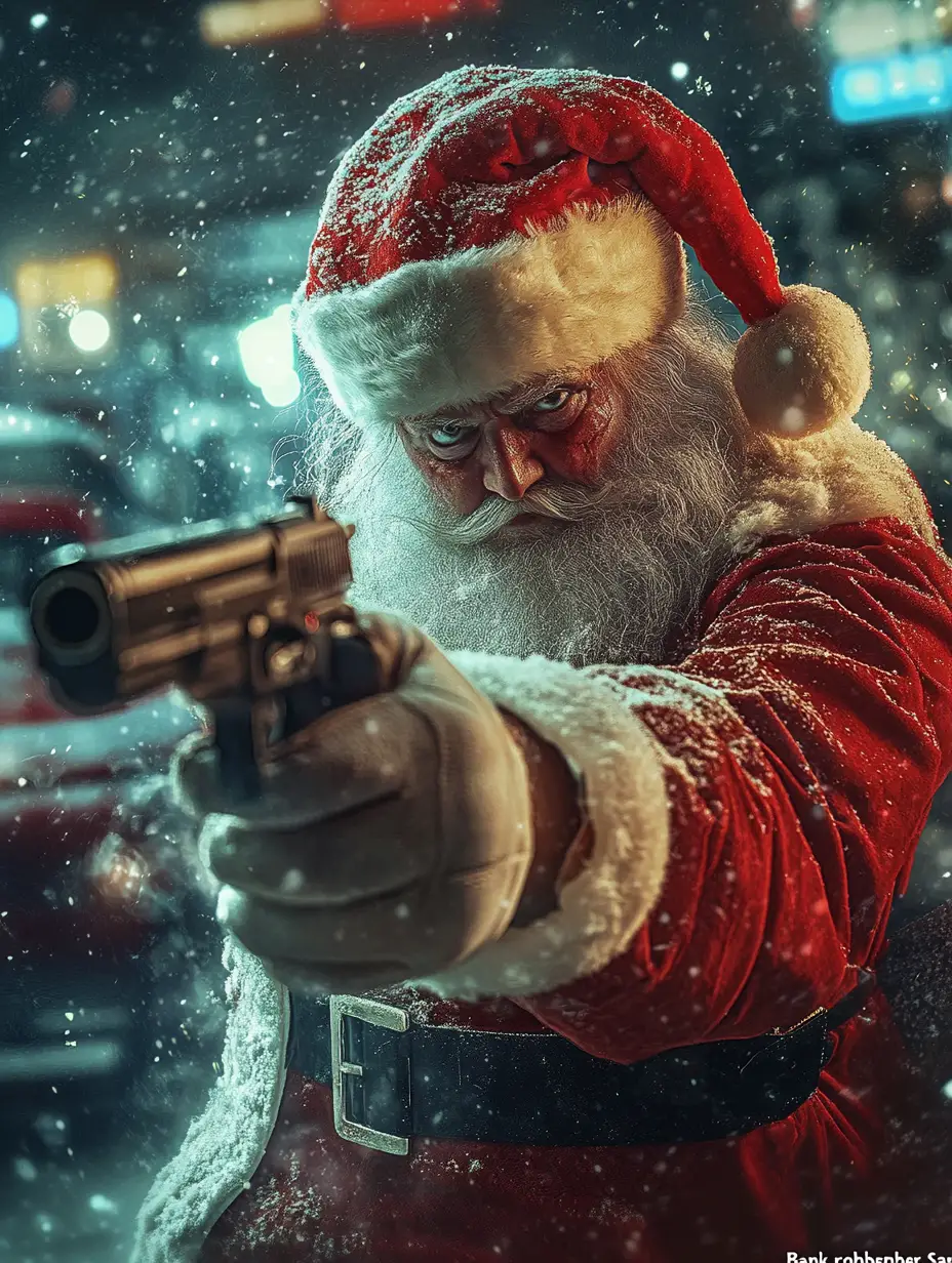 Sinister bank robber santa in a dark fantasy scene