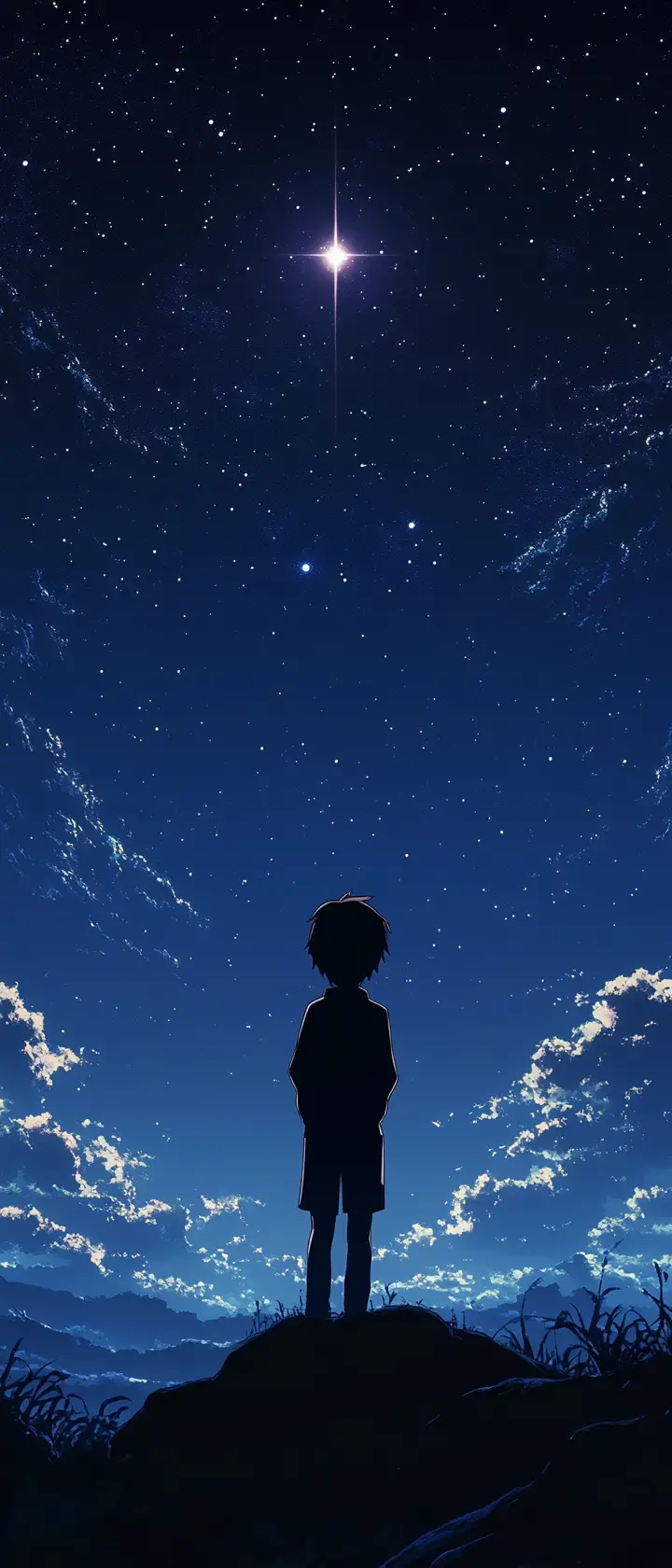 Anime silhouette under a vast night sky with one star