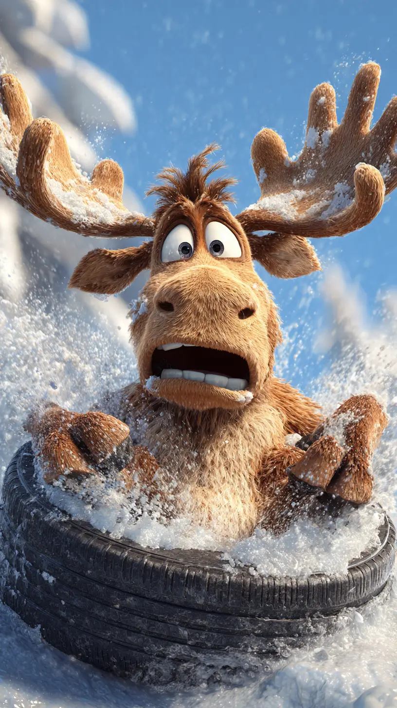 Cute moose sliding downhill on a snowy tire ride