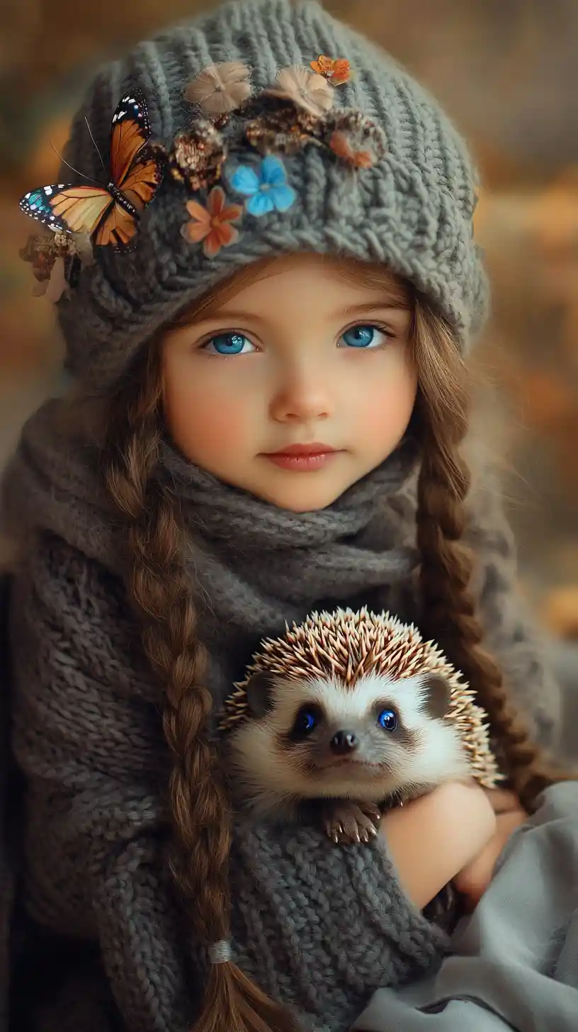 Little girl with braided hair hugging blue eyed hedgehog
