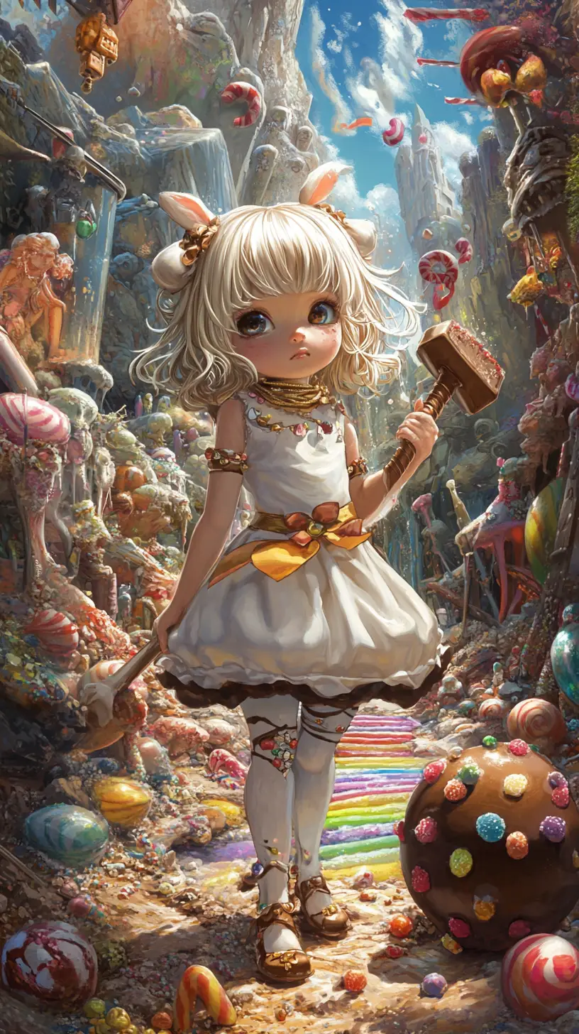 Schokoladenmädchen in einer verspielten Bonbon-Waldszene