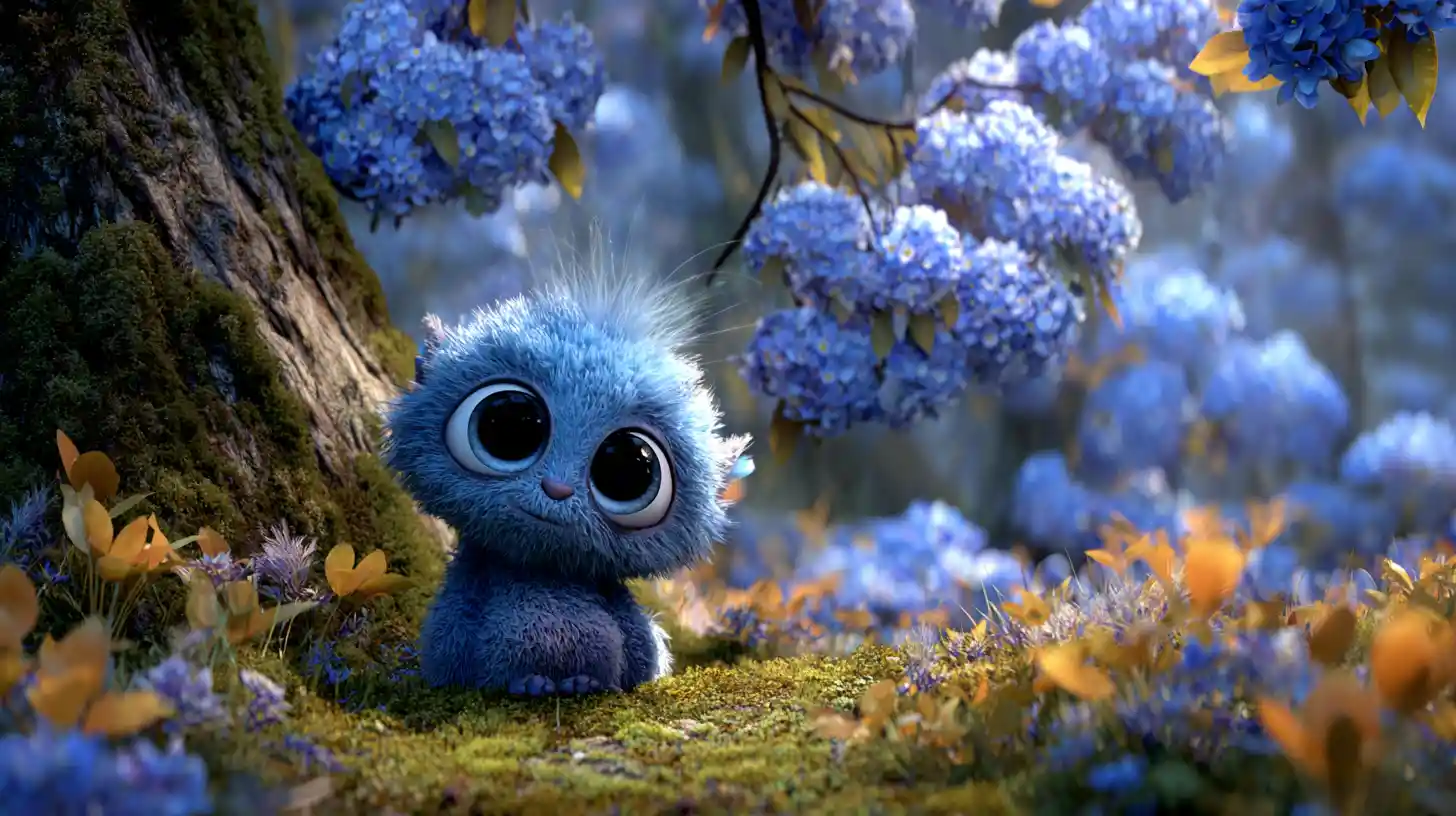 Cute blue monster playing tricks in flower forest
