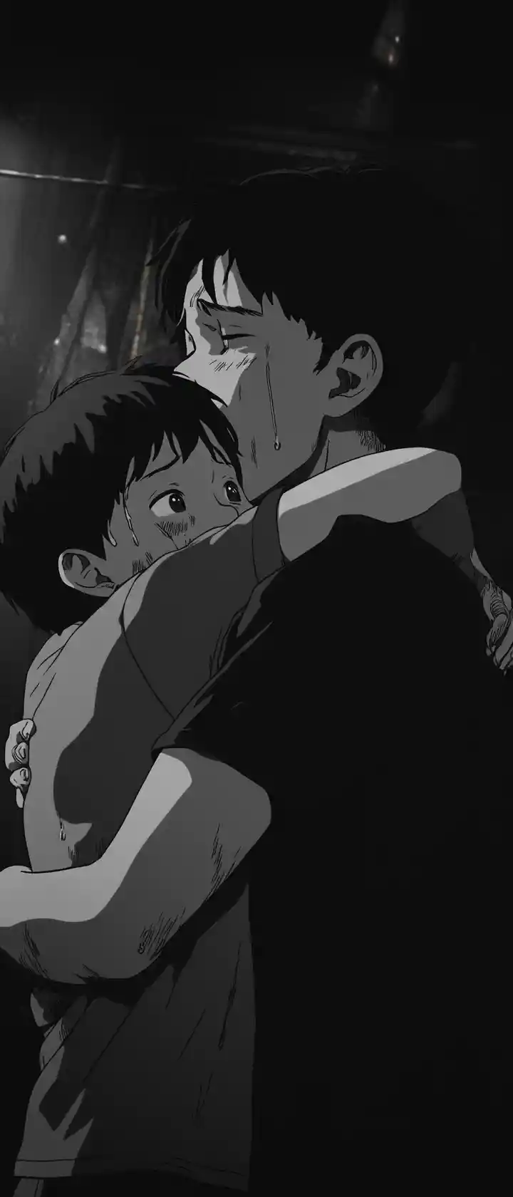 Older sibling holding a younger one in a final embrace