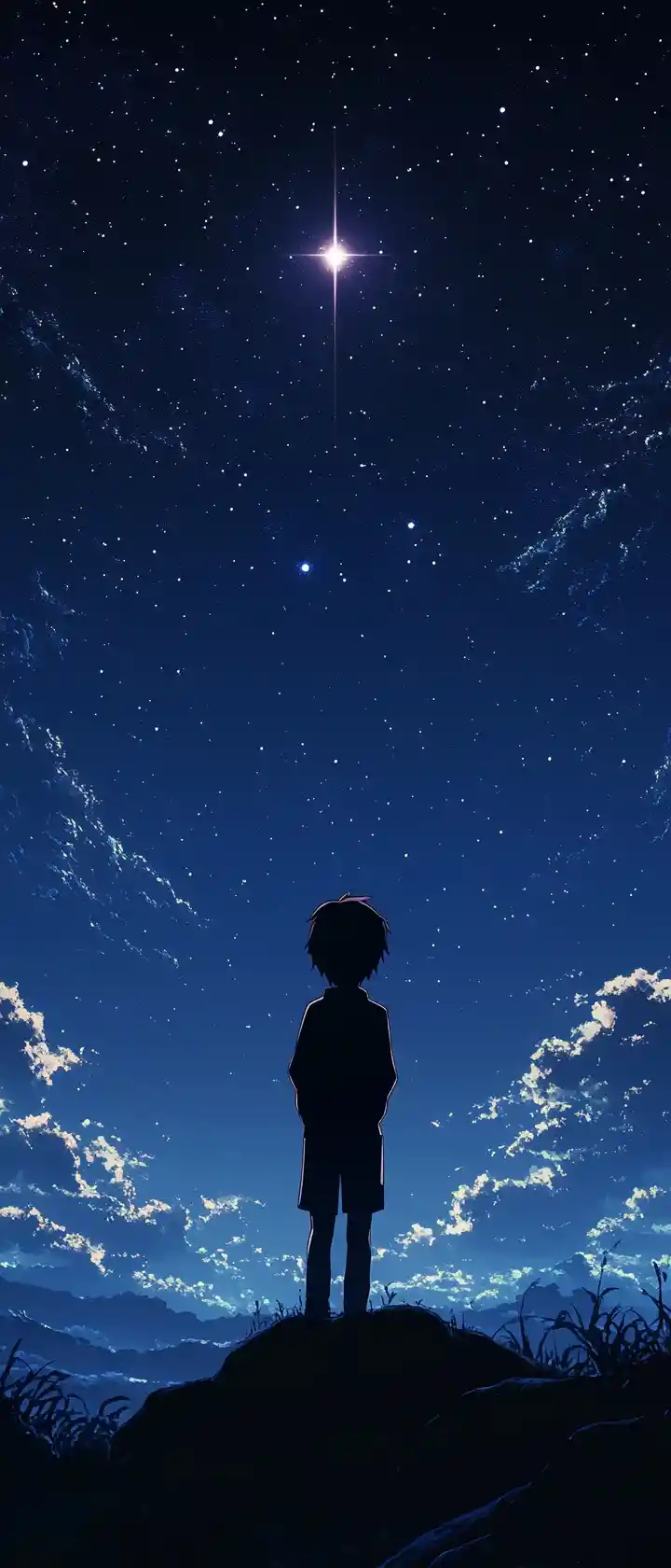 Anime silhouette under a vast night sky with one star