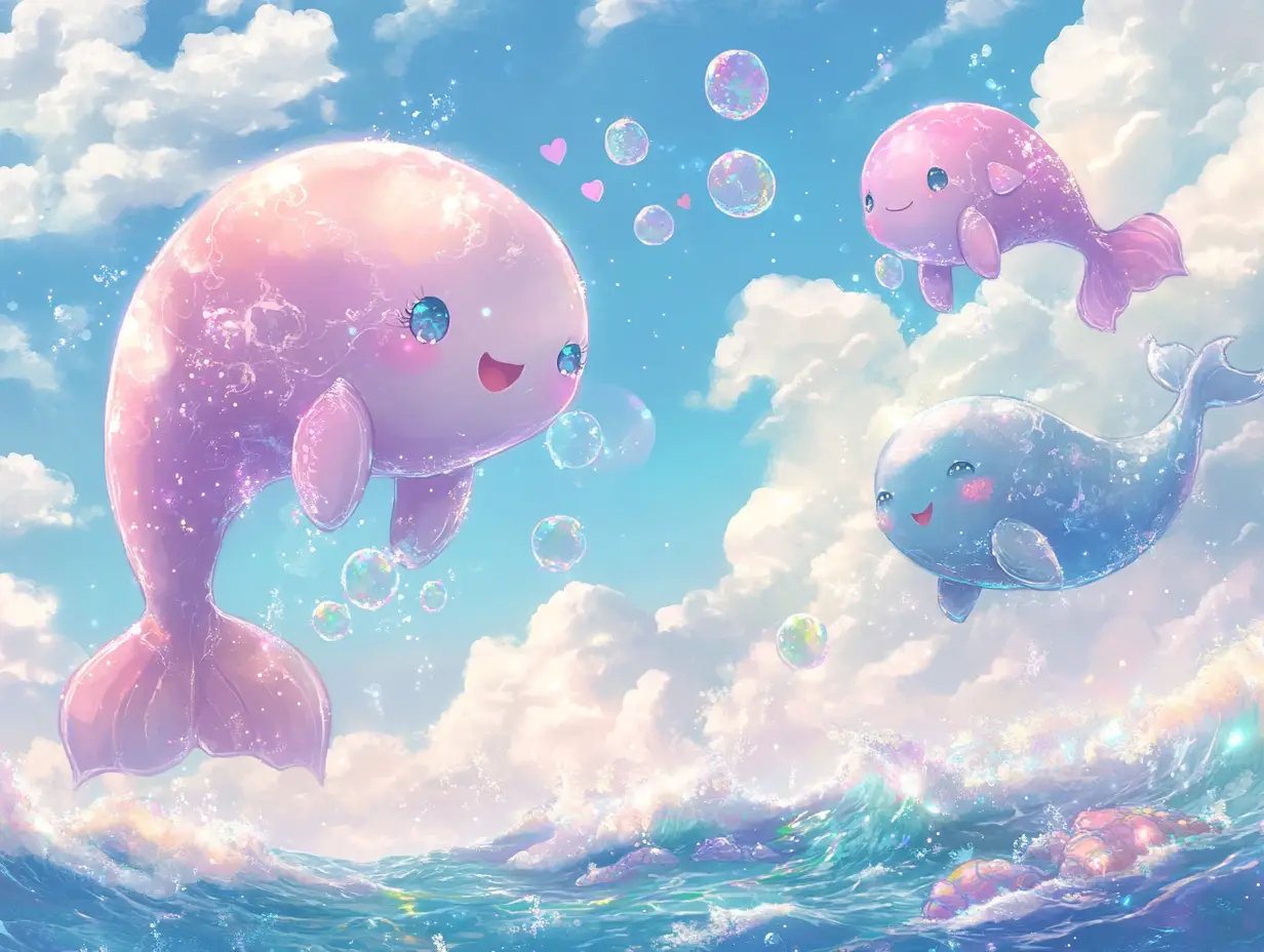 Kawaii anime ocean adventure with dolphins and mermaids