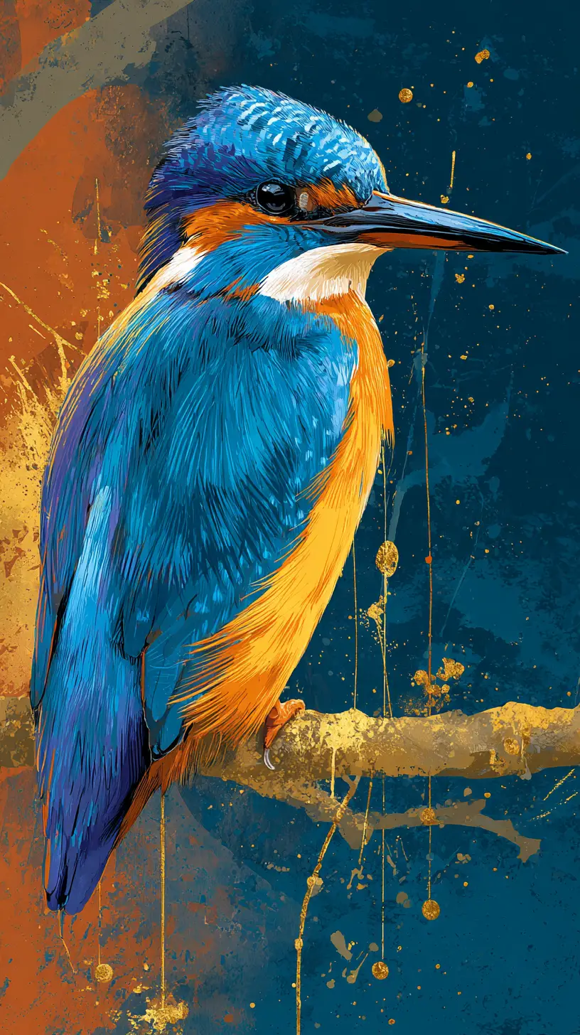 Colorful blue bird on branch in artistic digital painting