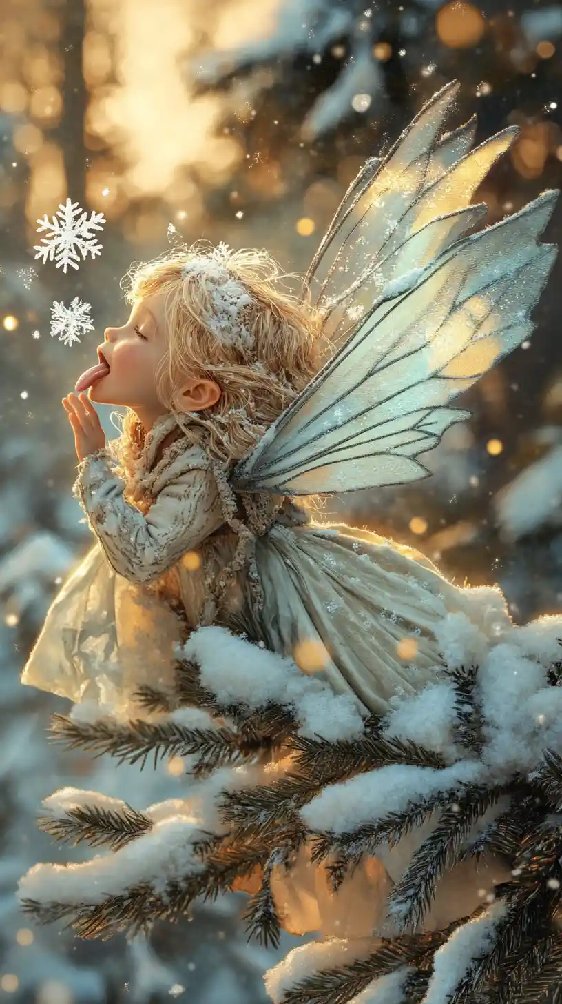 Joyful winter fairy girl catching falling snowflakes