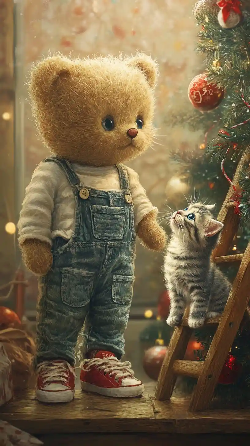 Teddy bear and kitten by christmas tree in cozy room