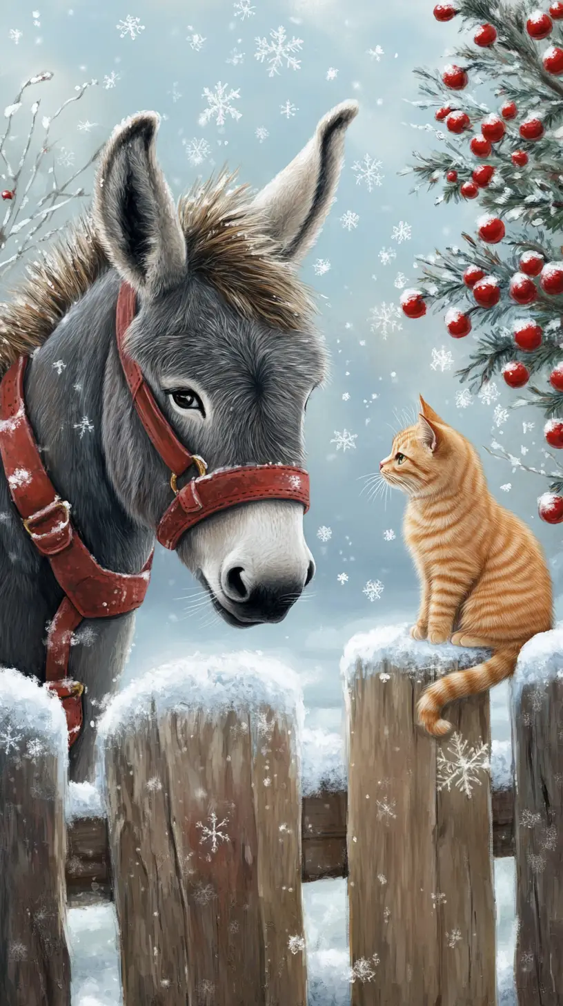 Donkey And Cat In A Cozy Snowy Winter Scene