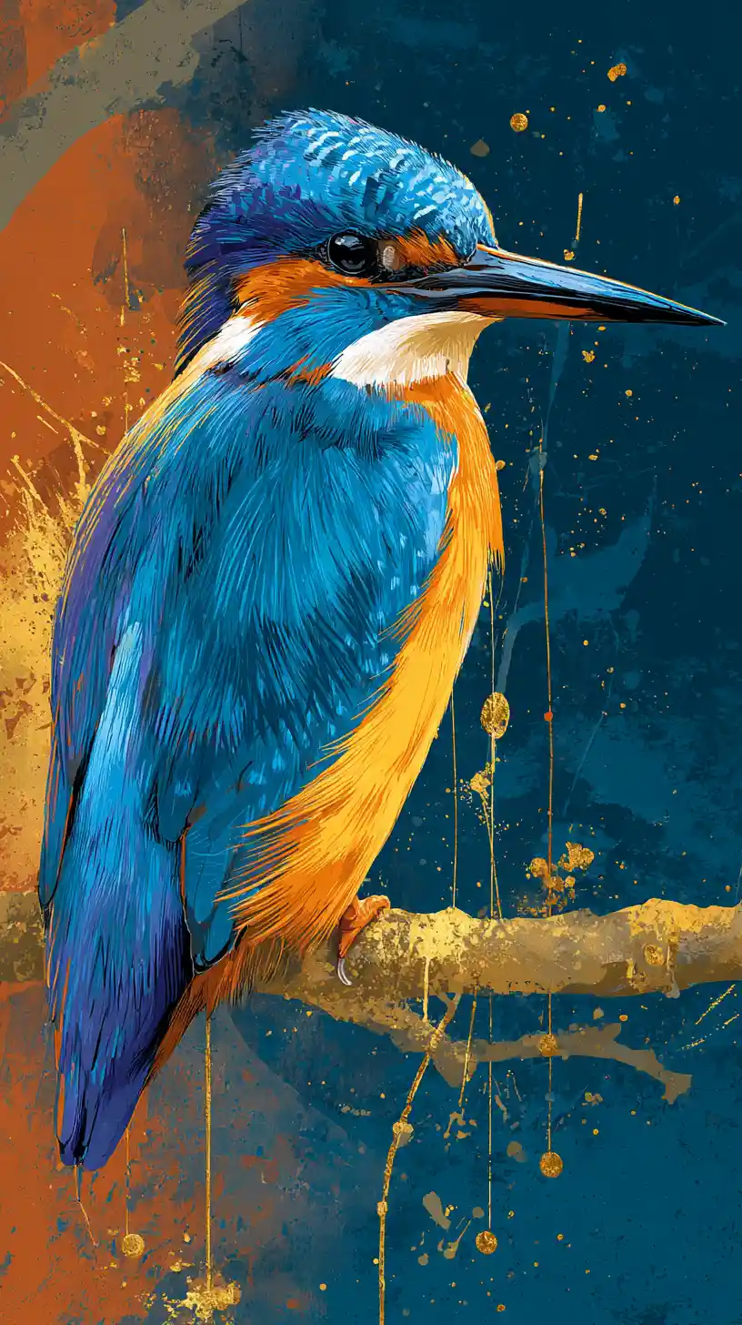 Colorful blue bird on branch in artistic digital painting