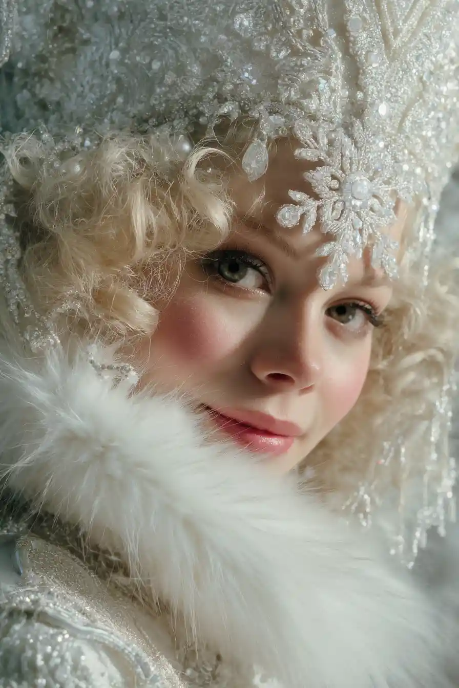 Ethereal snow maiden close up portrait in soft colors