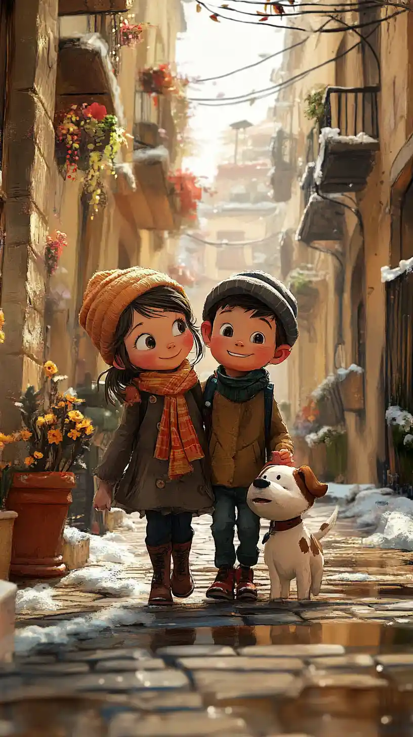 Cheerful Children With Dog On Sunny European Street