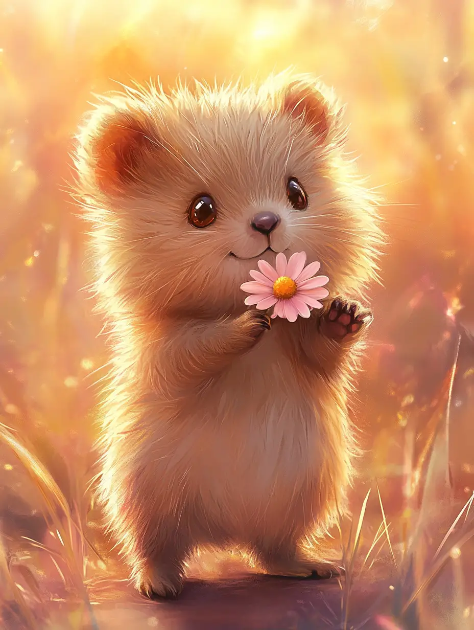 Cute chibi quokka holding a pink daisy at sunset