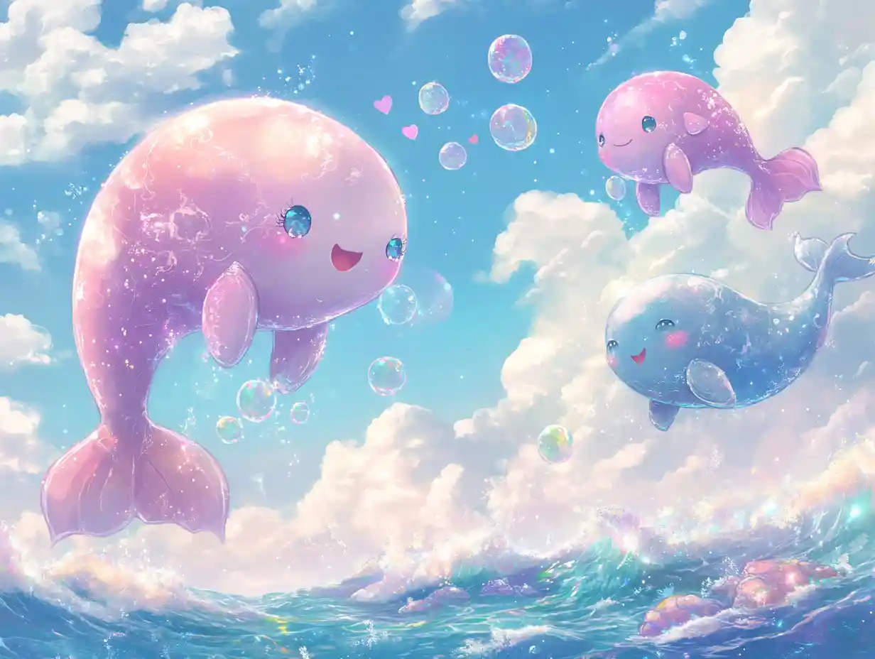 Kawaii anime ocean adventure with dolphins and mermaids