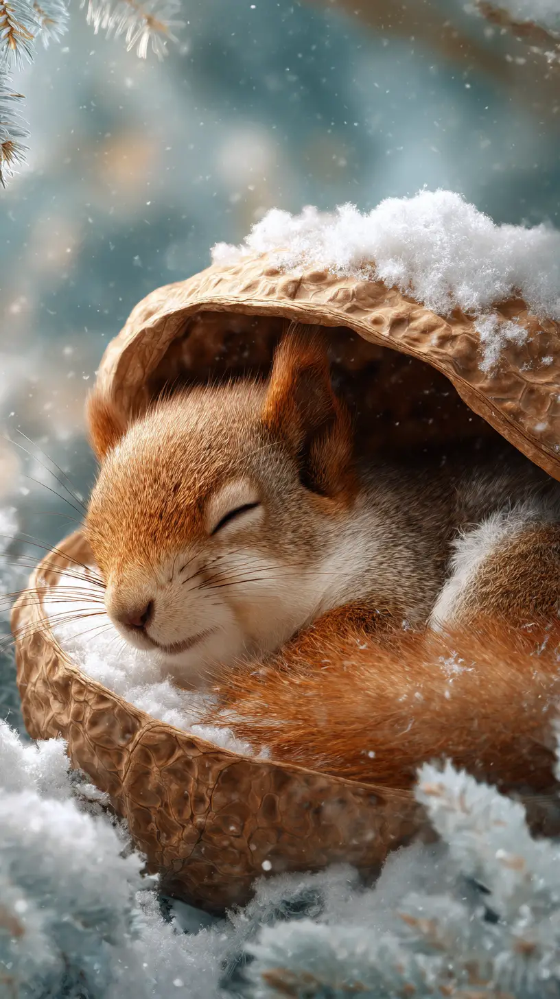 Sleeping squirrel in walnut shell in snowy winter forest