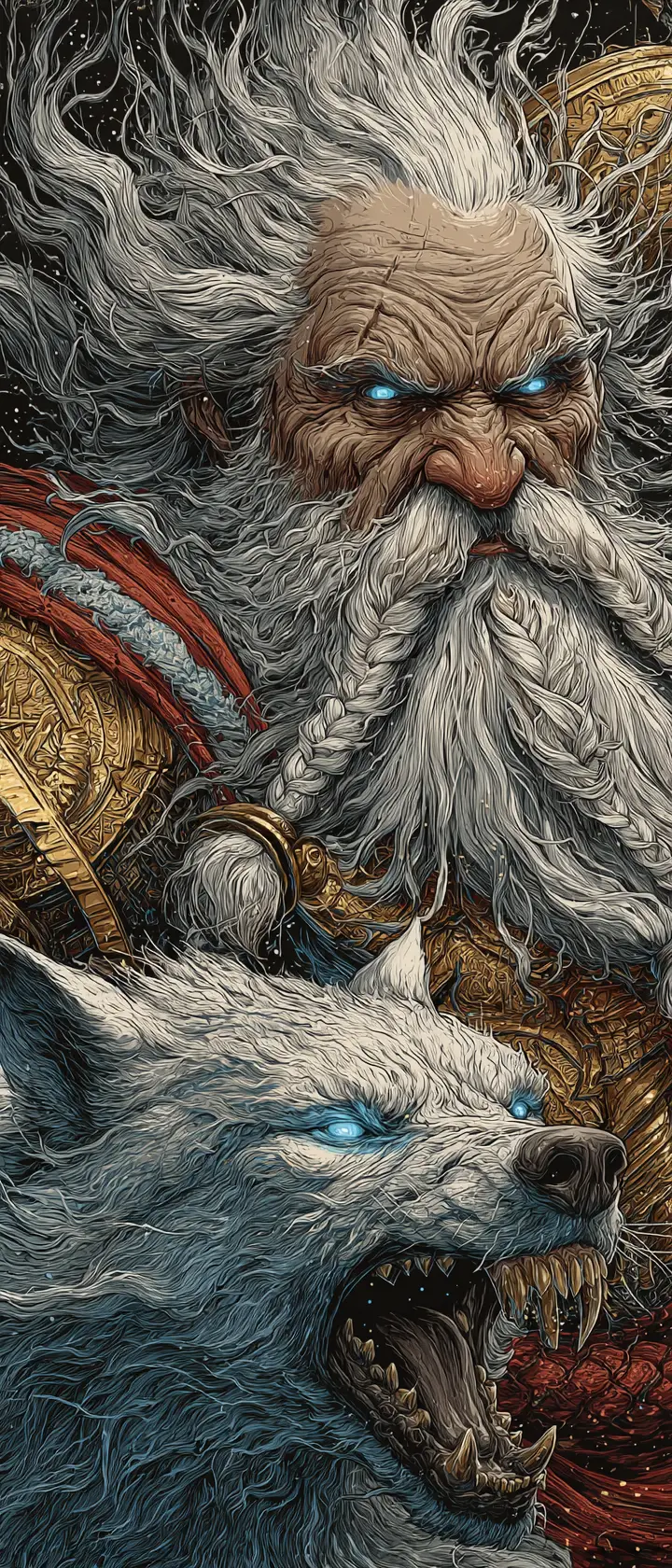 Fierce warrior santa with dire wolf in stormy close up