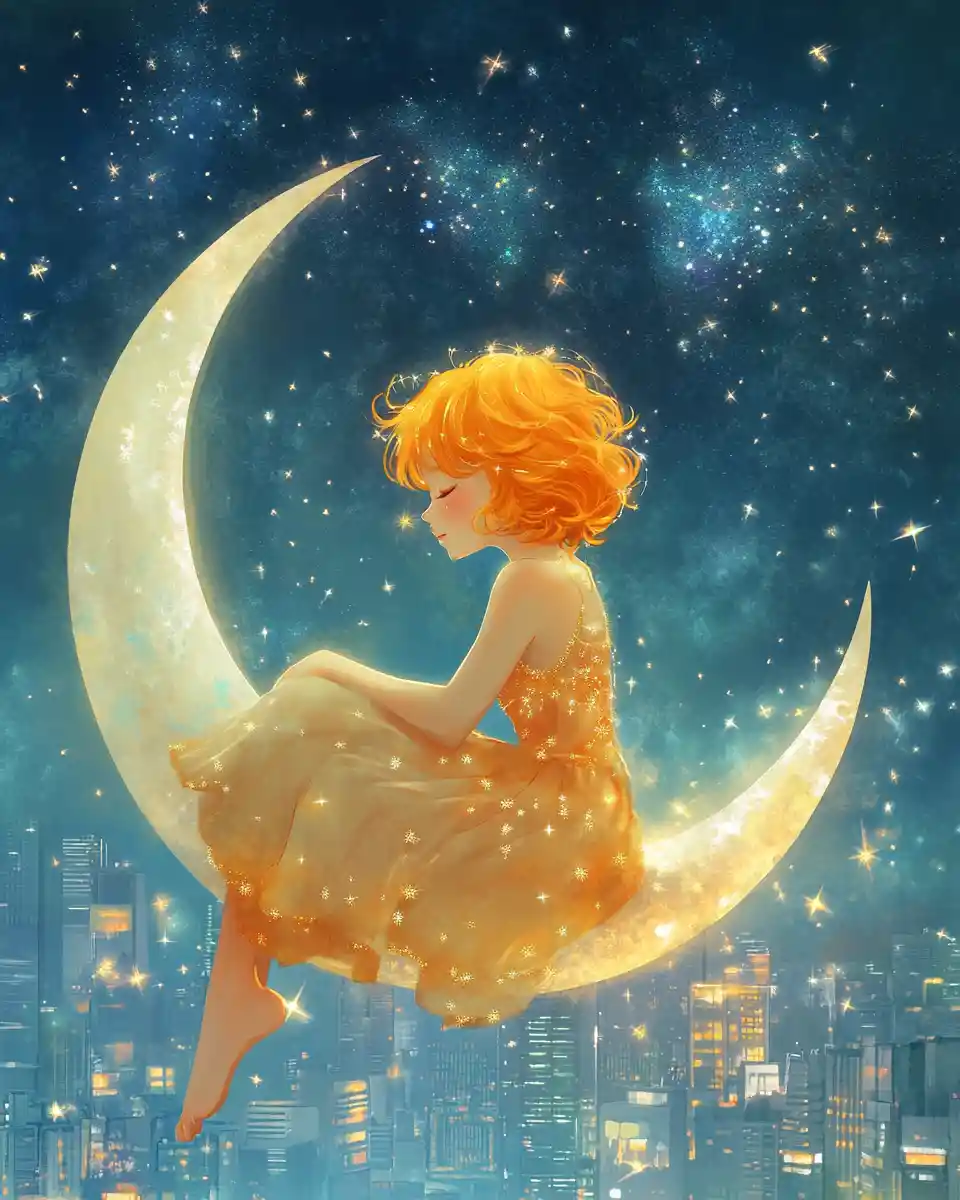 Anime leo girl on crescent moon above night city