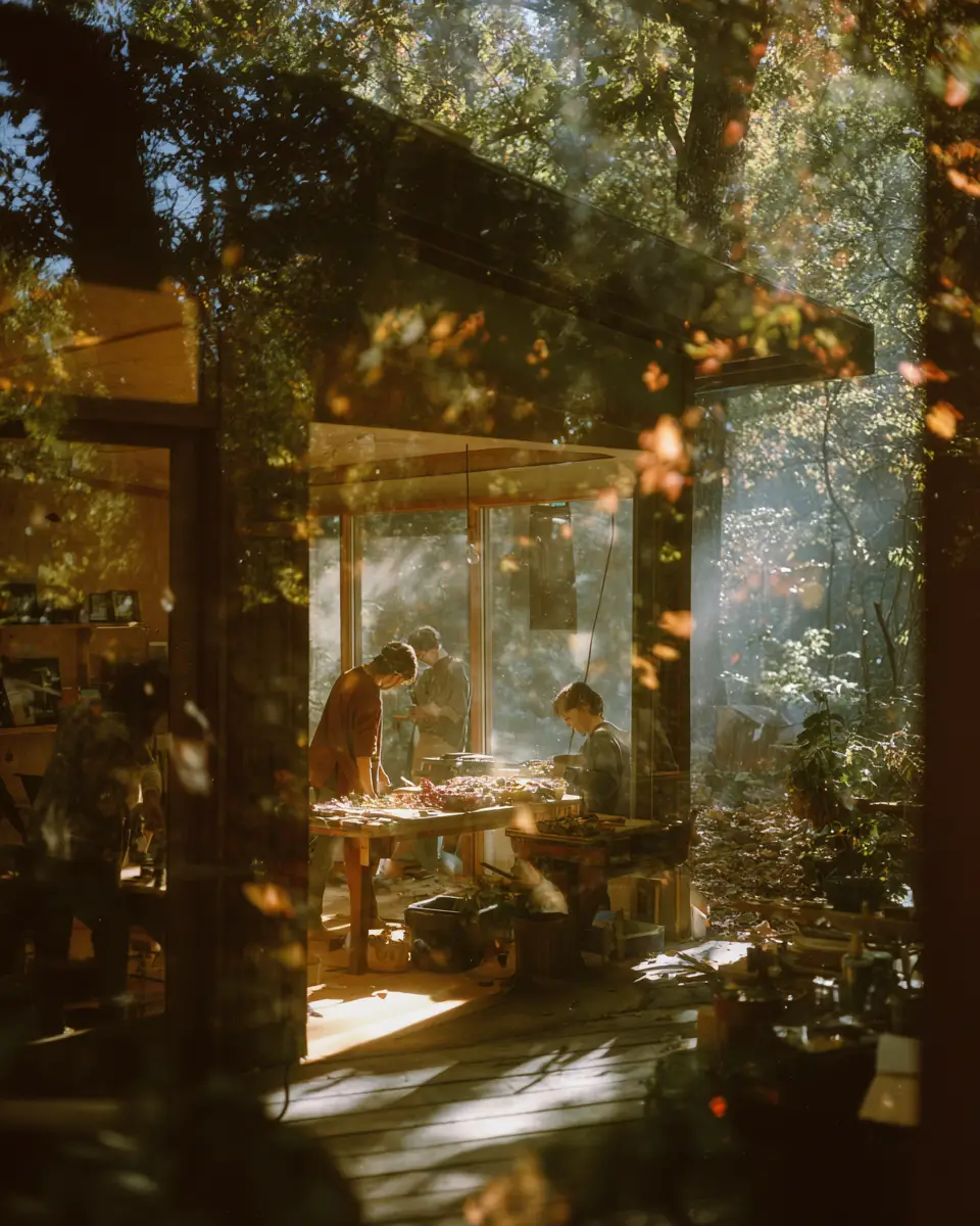 Otherworldly residents working in a calm autumn forest home