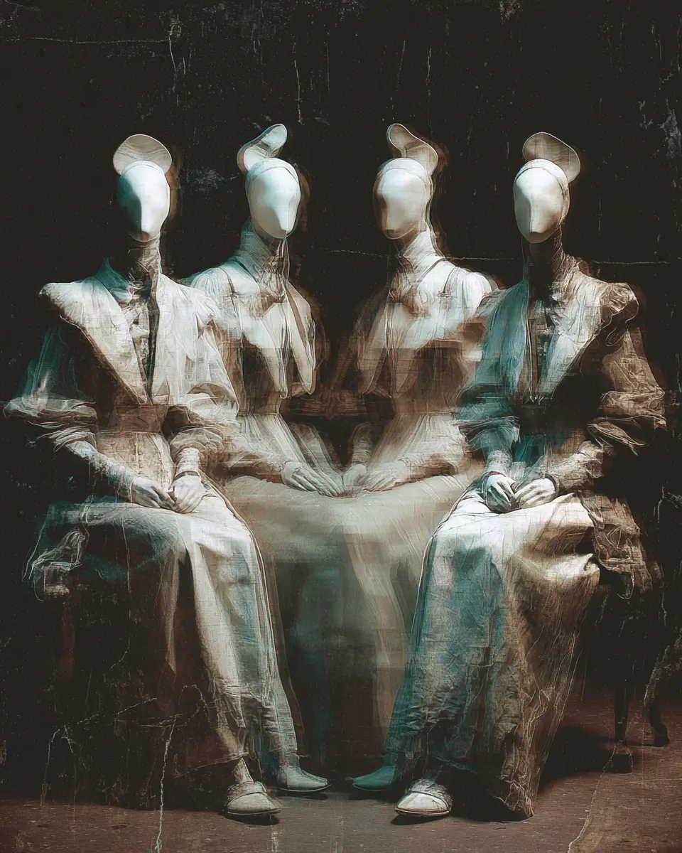 Surreal analog portrait of post human aristocrats in court