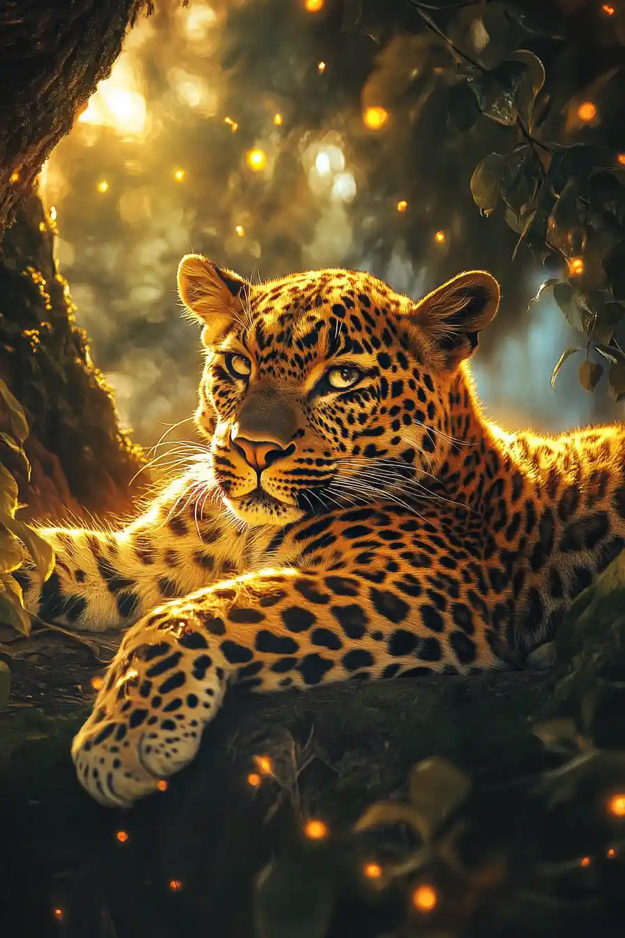 Playful leopard stretching across the forest floor