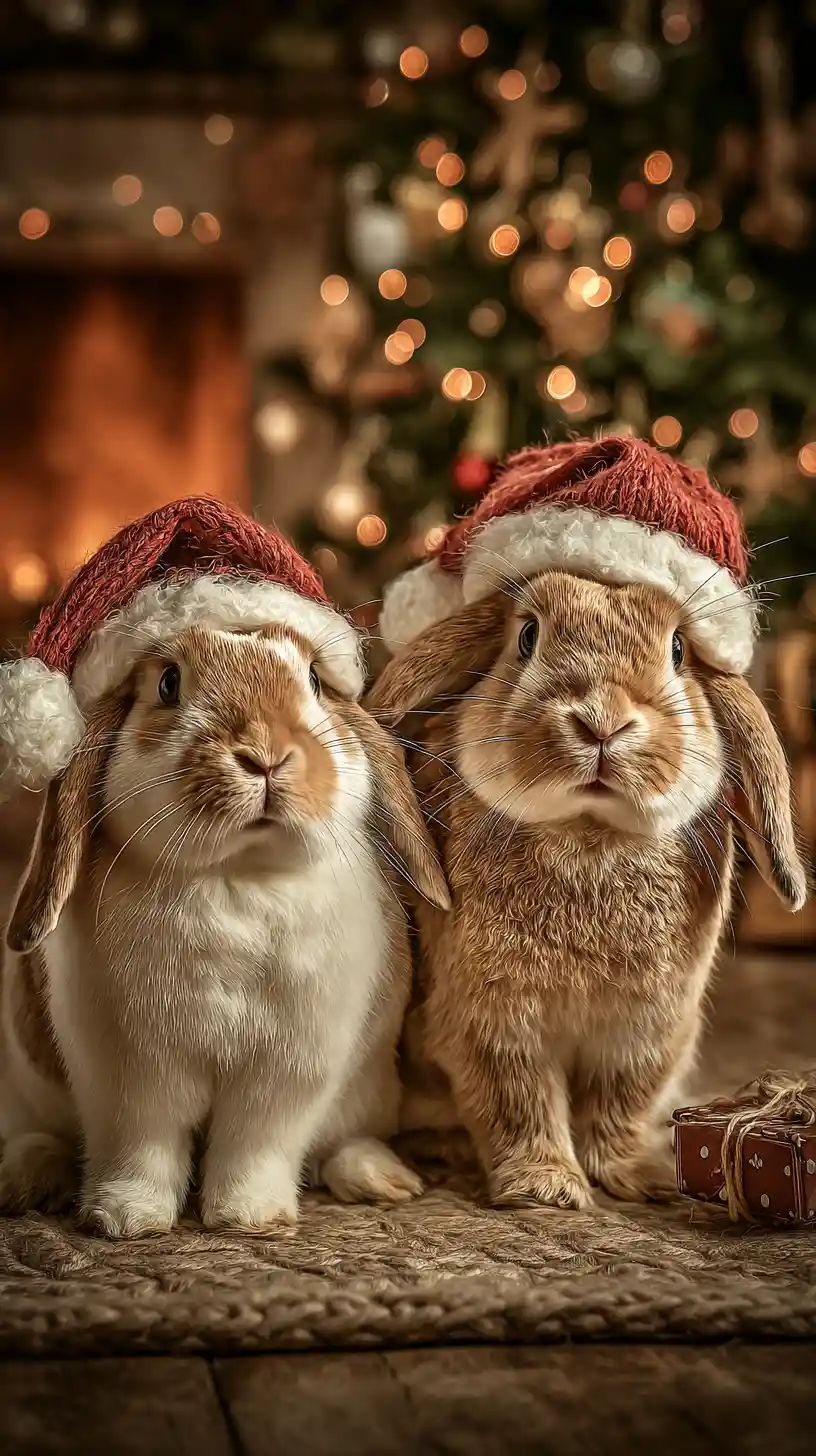 Two rabbits in pajamas under a glowing christmas tree