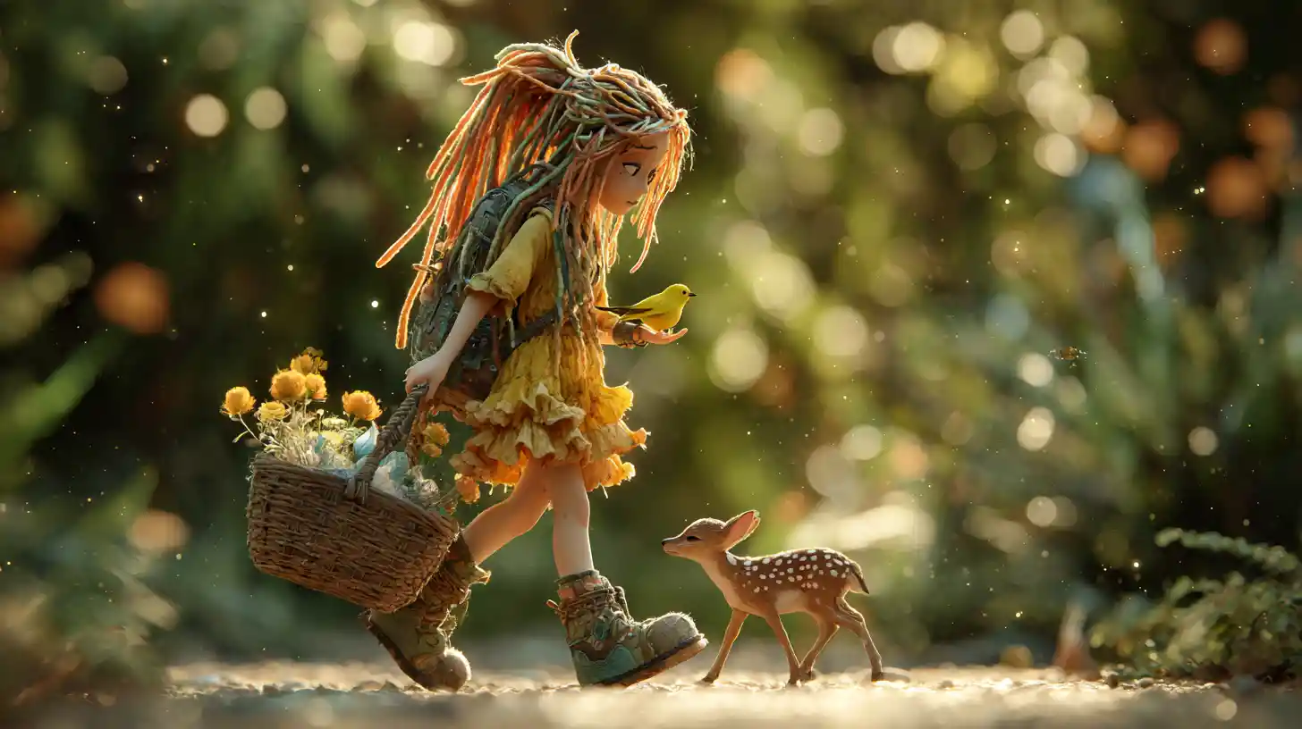 Fairy girl walking through an enchanted forest at sunset