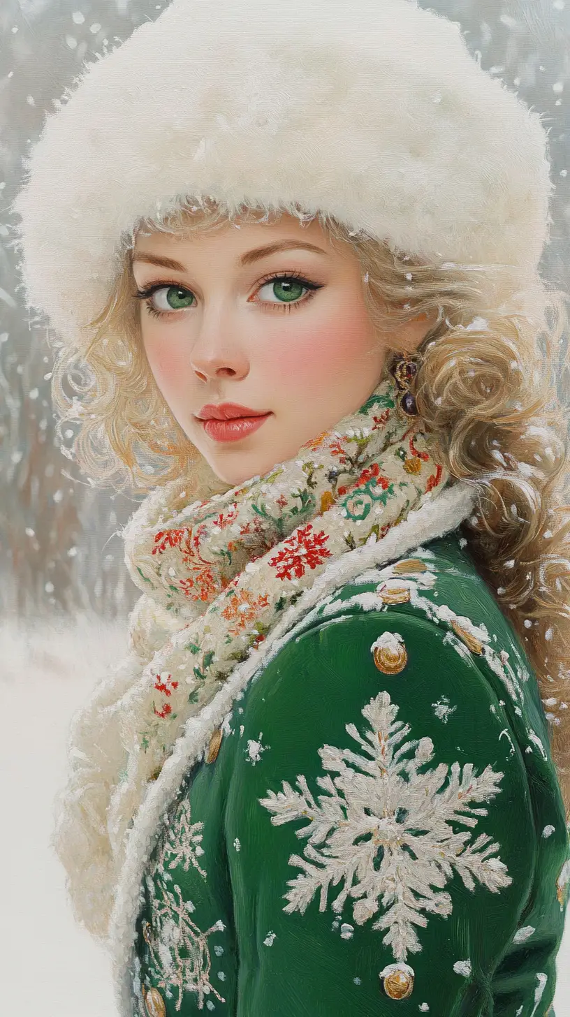Young woman in green coat in snowy winter landscape