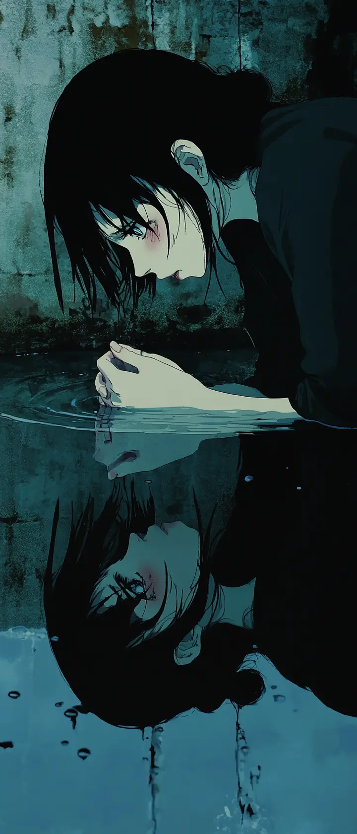 Woman facing her distorted reflection in dark water