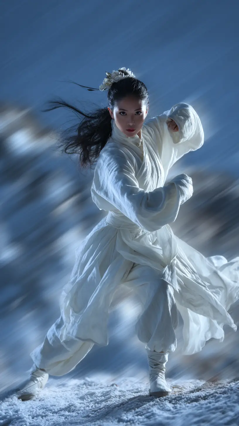 Martial artist woman on snowy mountain in flowing white robes