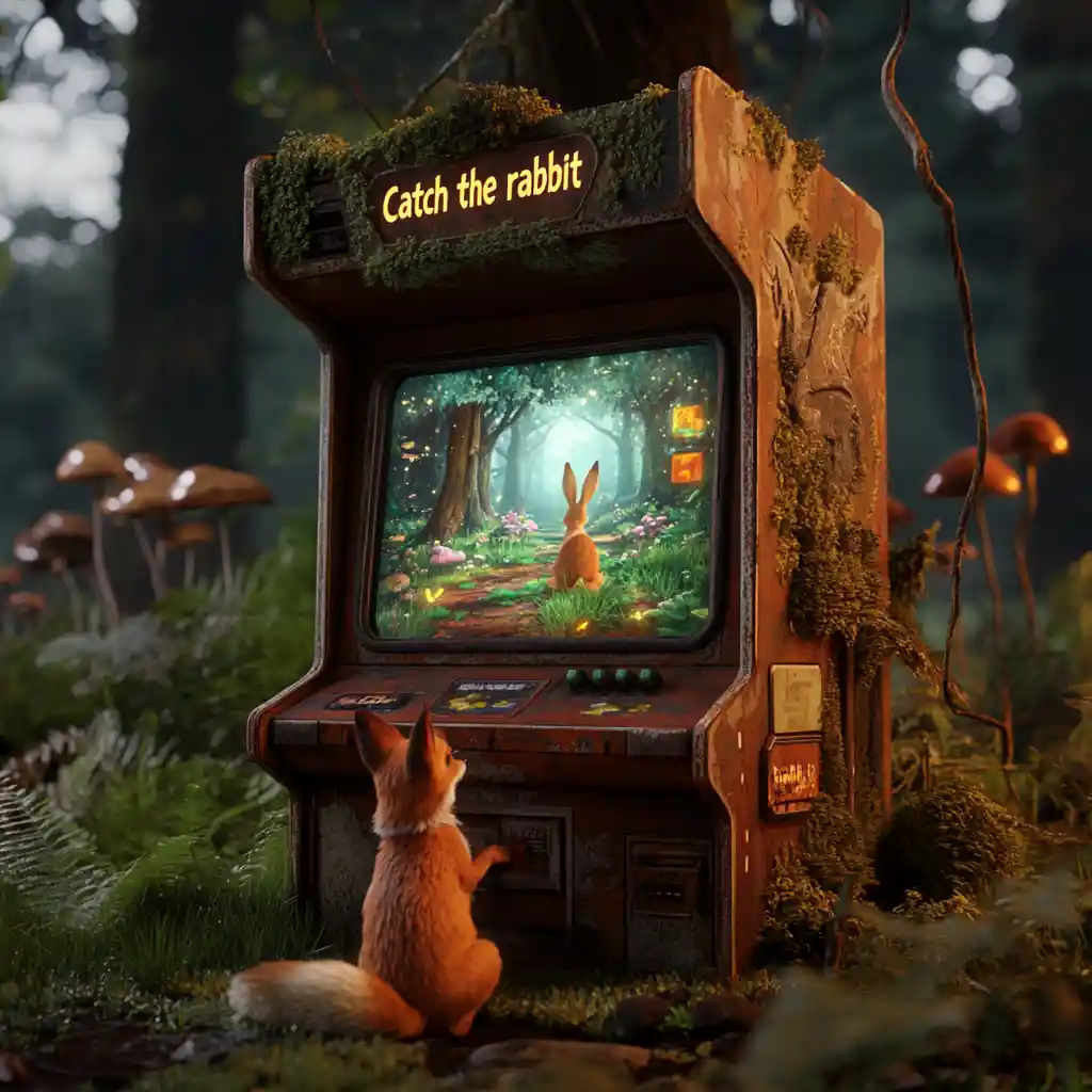 Fox playing an arcade game in an enchanted forest