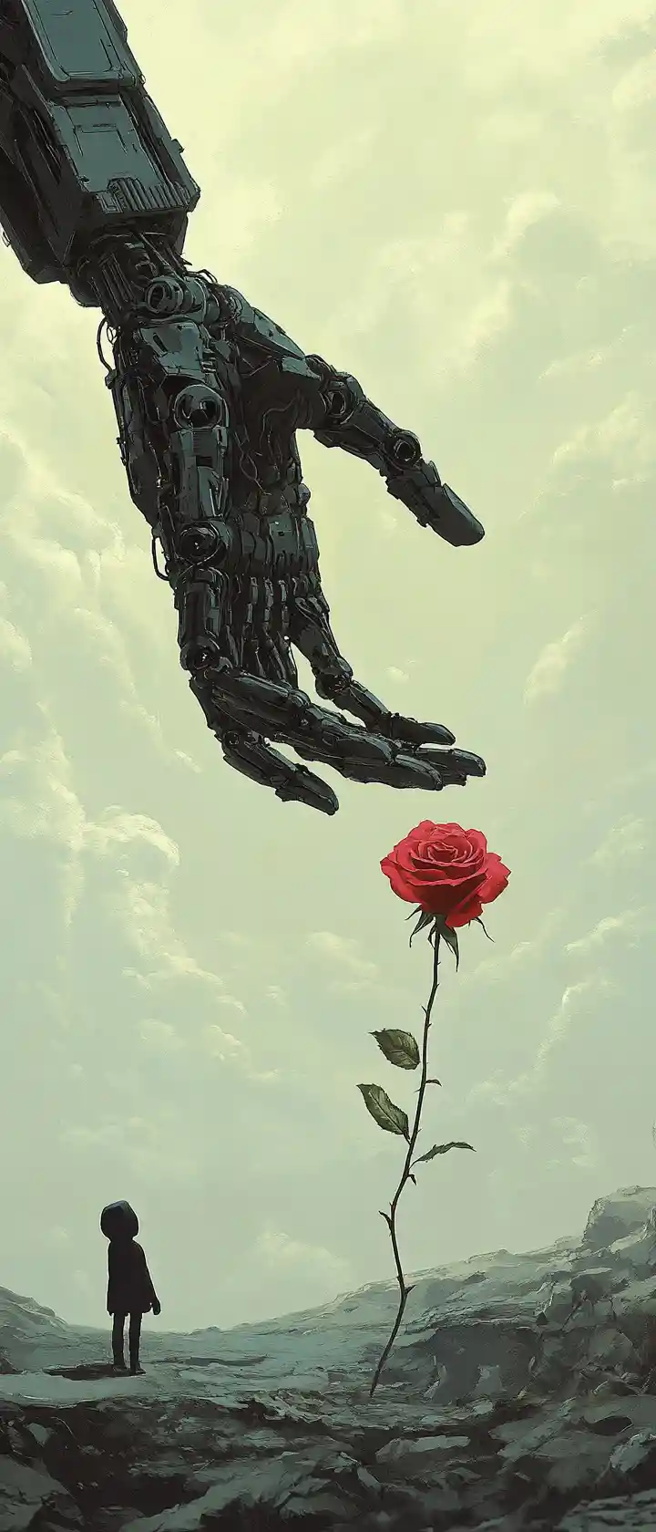 Giant robotic hand offering a single red rose
