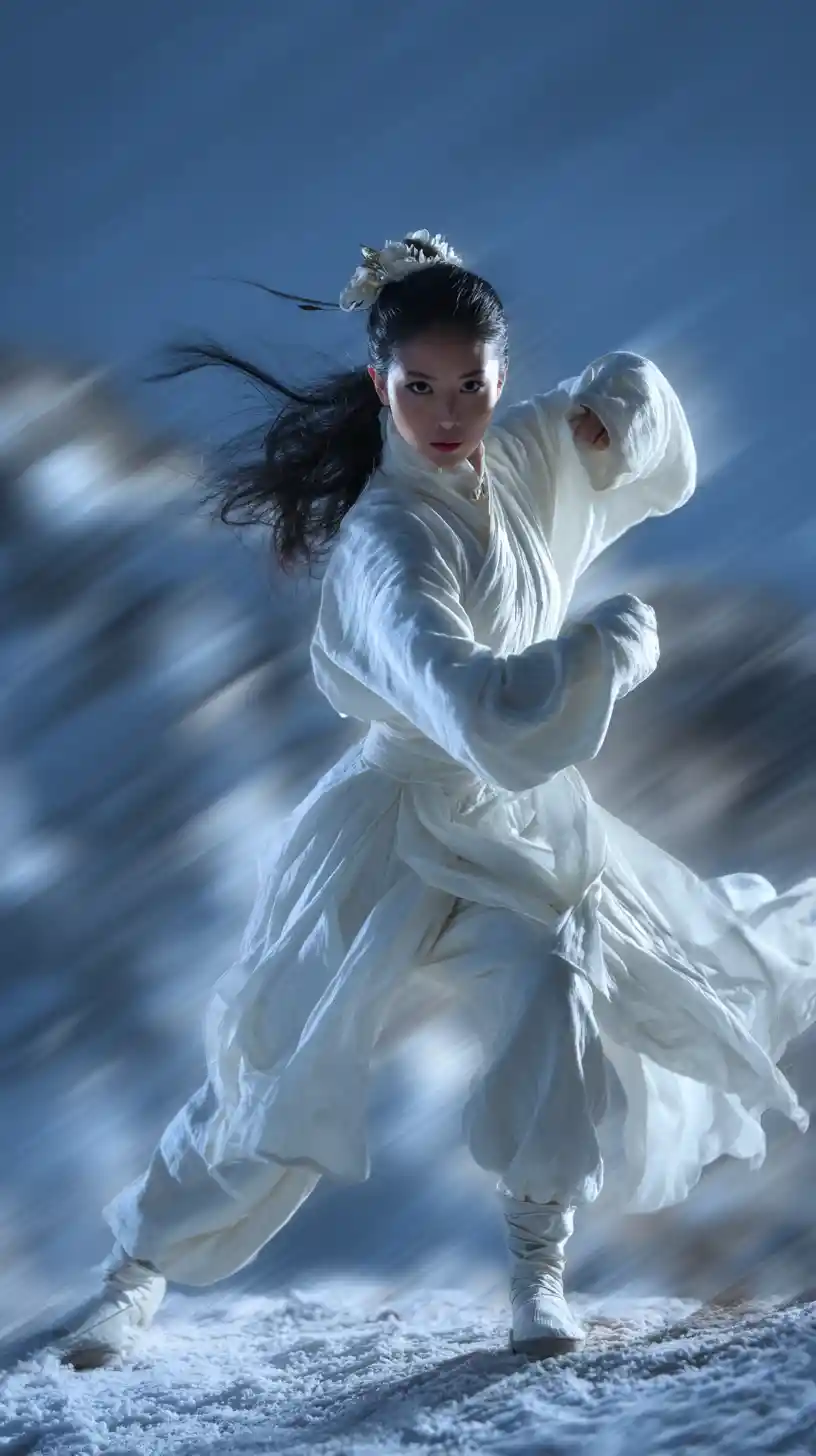 Martial artist woman on snowy mountain in flowing white robes