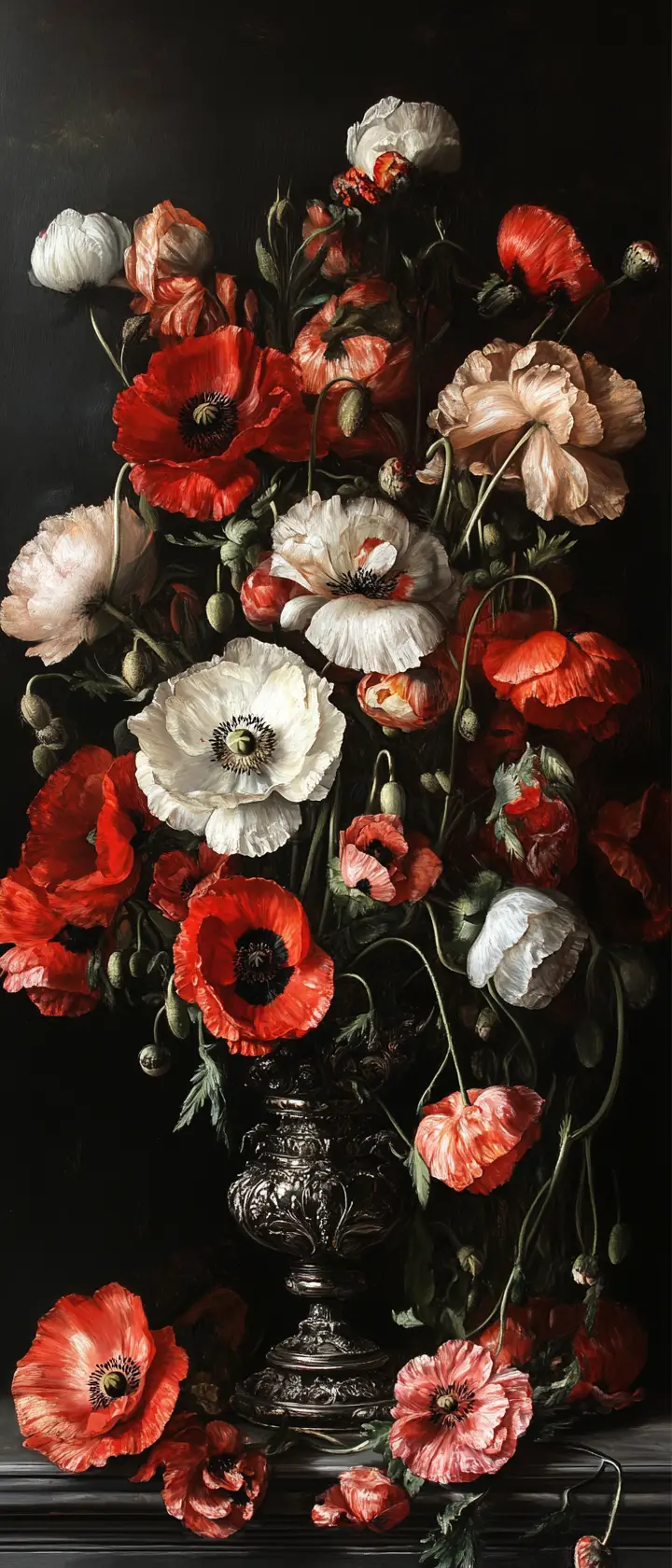 Baroque inspired realistic painting of poppy flower arrangement